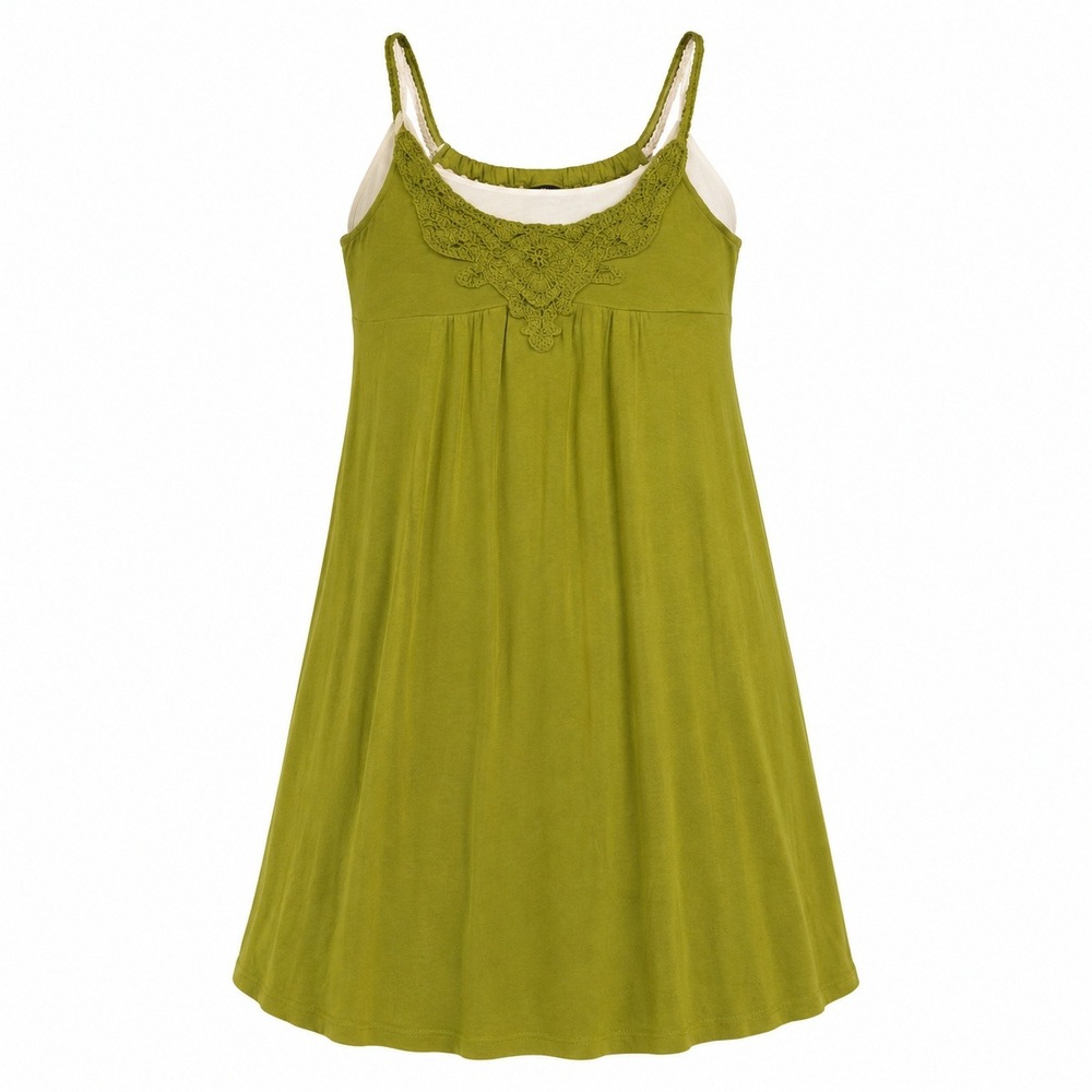 Women Olive Green Boho Babydoll Mini Fairycore Dress Crochet Yoke Swing Sundress